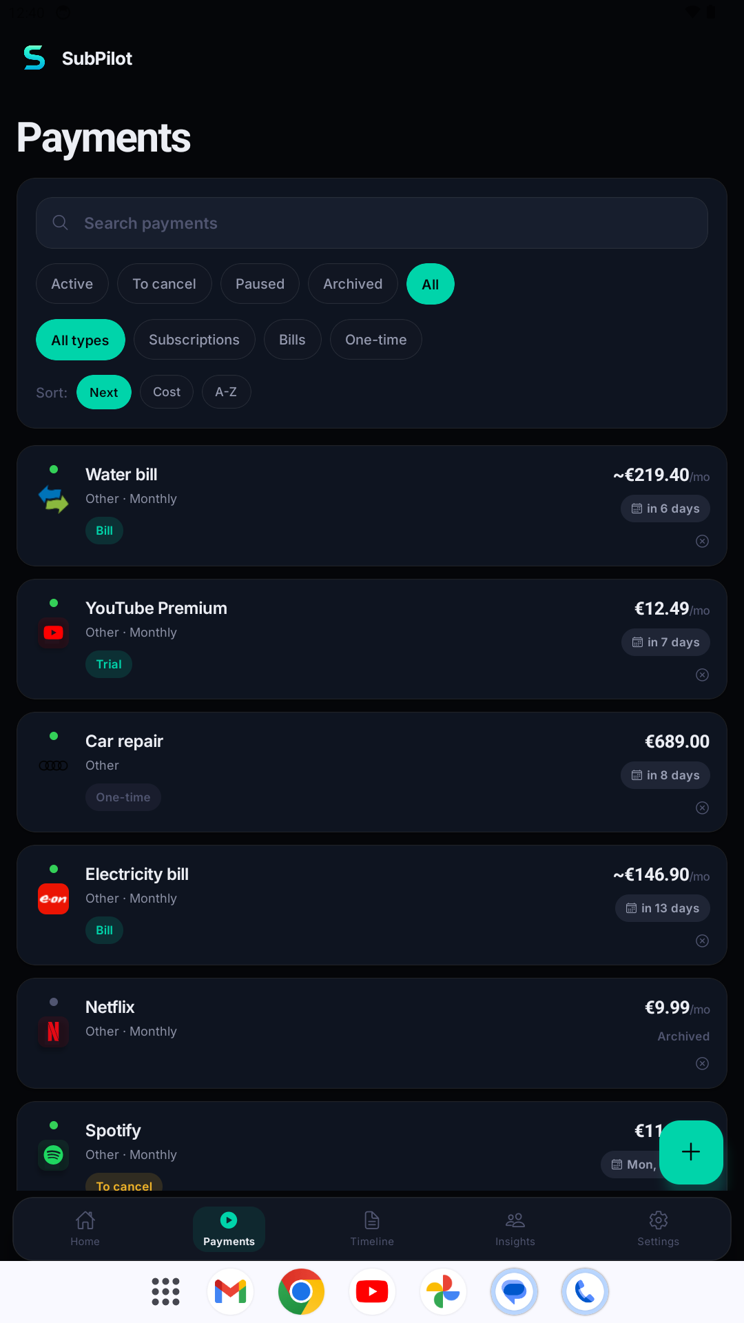 SubPilot payments screen preview